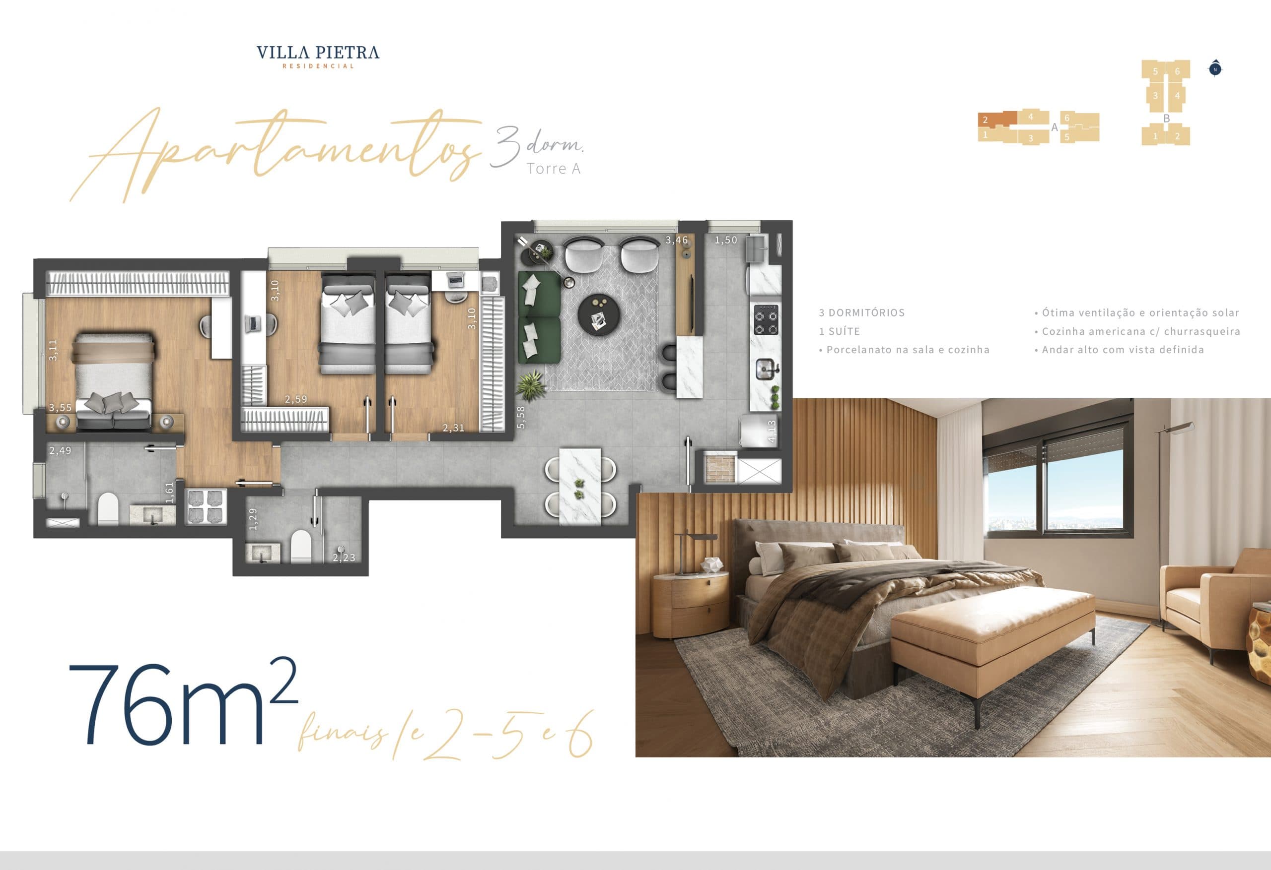 Planta do apartamento de 3 dormitórios da Torre A