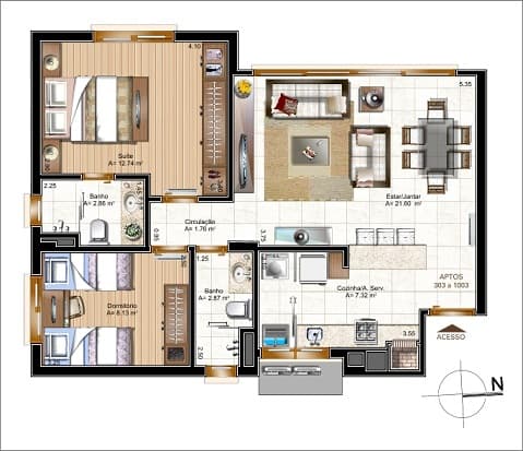 Planta do apartamento de 2 dormitórios