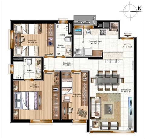 Planta do apartamento de 3 dormitórios